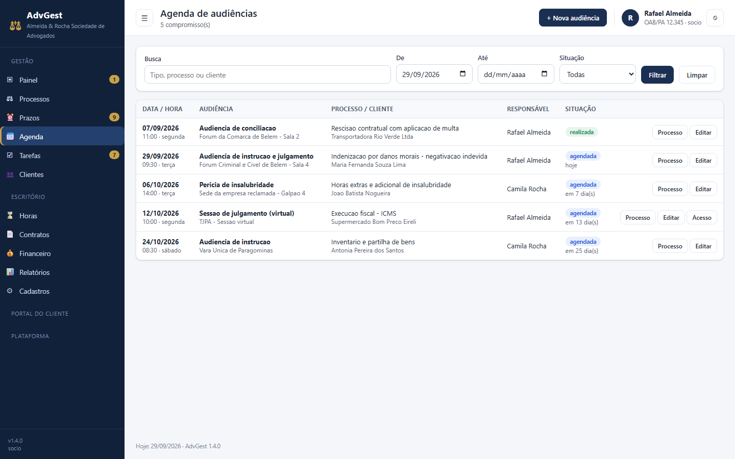 Agenda de audiências e compromissos no AdvGest