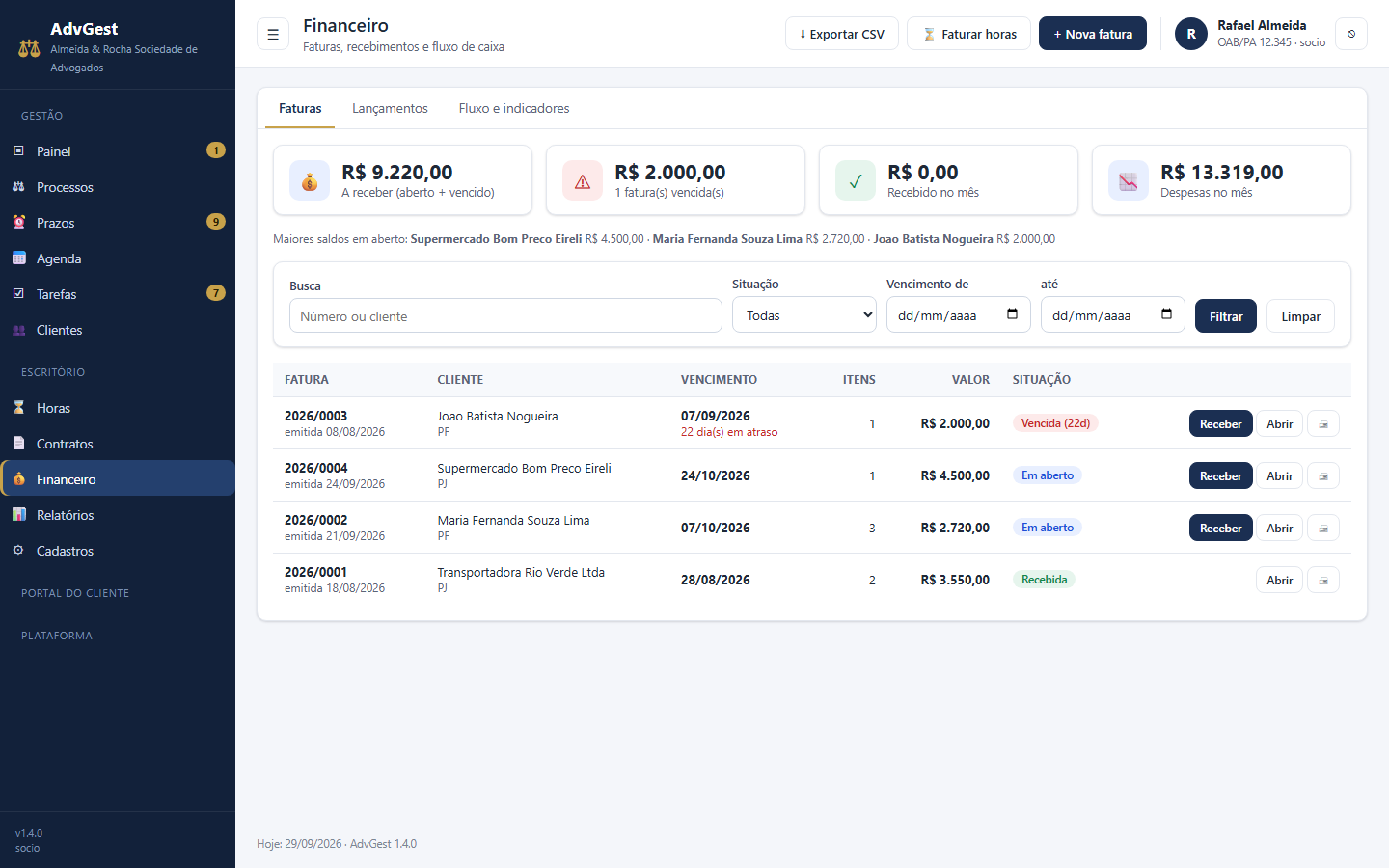 Financeiro do escritório no AdvGest